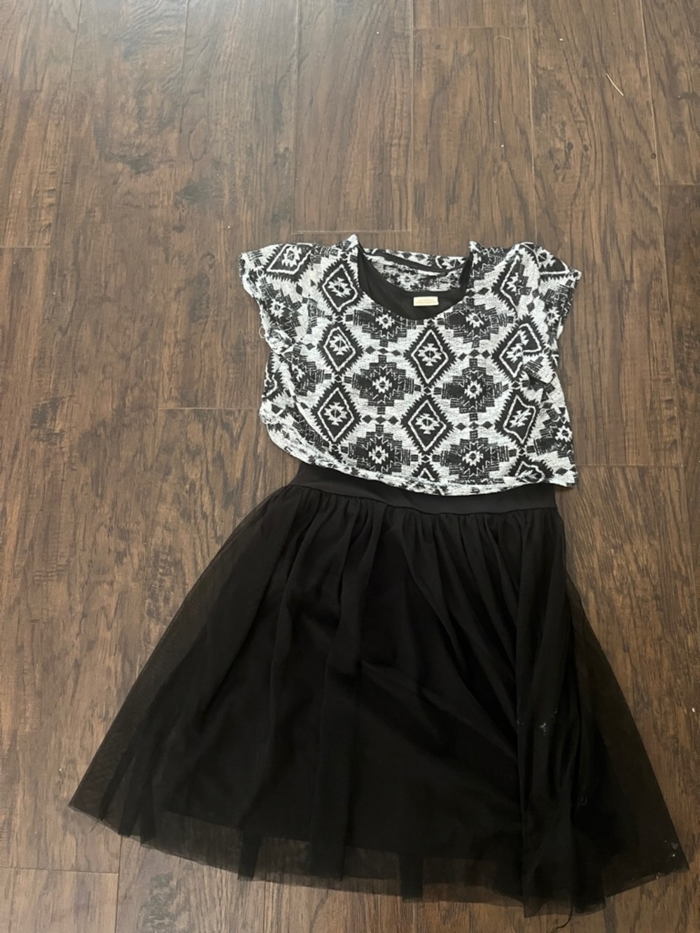Black & White Patterned Knit Top with Black Tulle Skirt - Girls Casual Dress